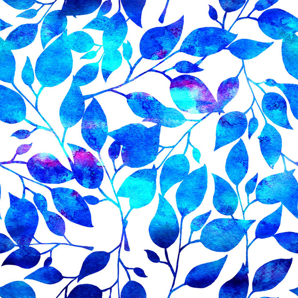 Sulu Boya Dikişsiz desen mavi beyaz arka plan üzerinde yapraklar. Sonsuz resmi çizilmiş. Çiçek duvar kağıdı yaz bitki - Fotoğraf, Görsel