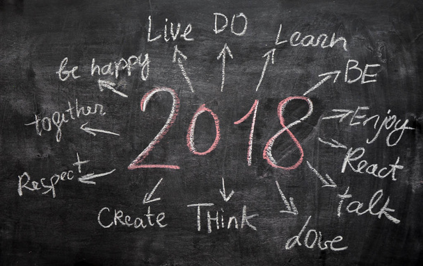 De resolutie van de New Year van 2018, doelen geschreven op karton met hand getrokken schetsen - Foto, afbeelding