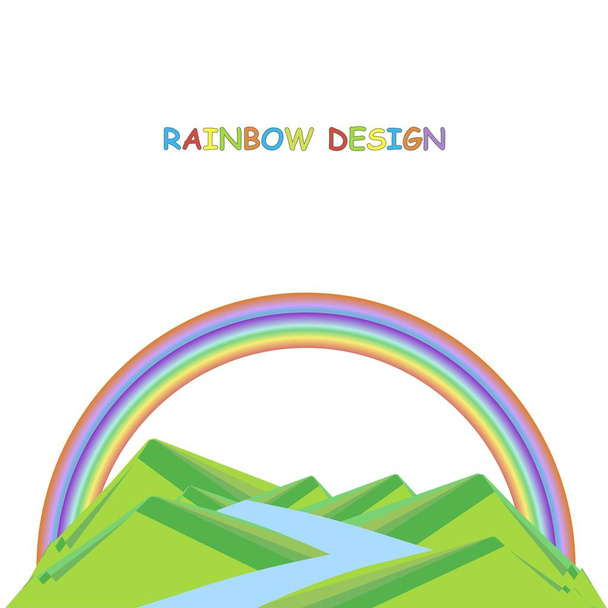 Background with mountain landscape below on white. Green hills, blue river, rainbow. Modern flat design, design element, vector - Vektor, kép