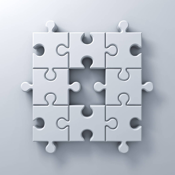 White jigsaw puzzle pieces one missing concept on white wall background with shadow 3D render - Photo, Image