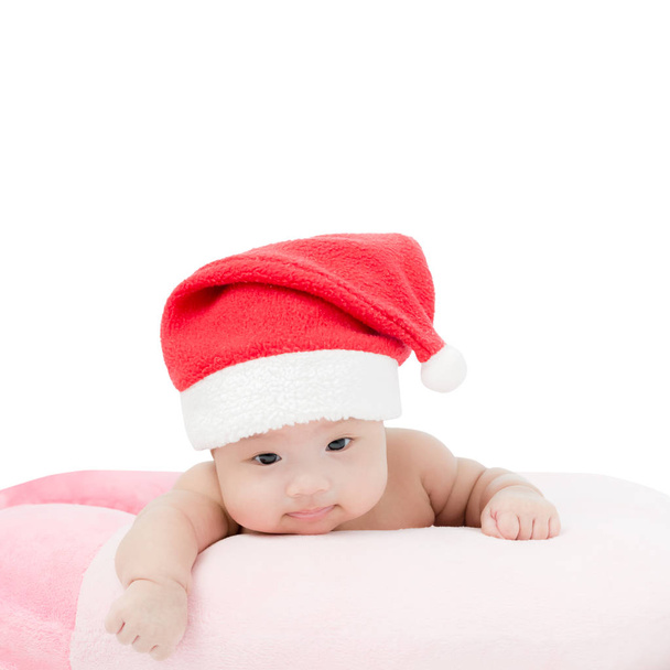 Portrait of adorable baby girl with santa costume. Isolated on w - Photo, Image