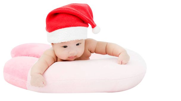 Portrait of adorable baby girl with santa costume. Isolated on w - Photo, Image