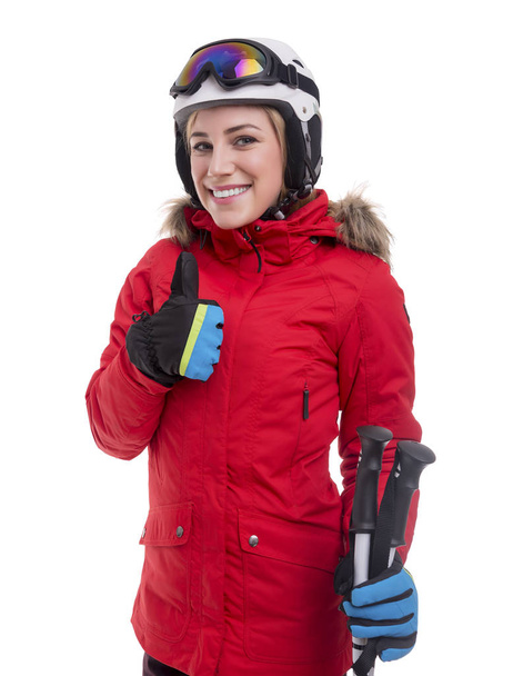 Attractive girl skier on white background. - Photo, image