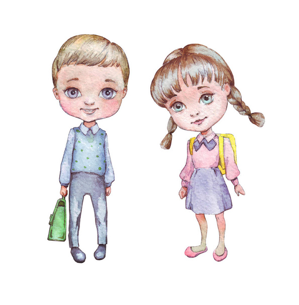 kleine jongen en meisje met schooltassen - Foto, afbeelding