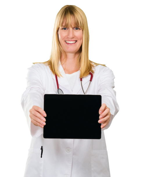 Médico feliz mostrando tablet digital
 - Foto, Imagem