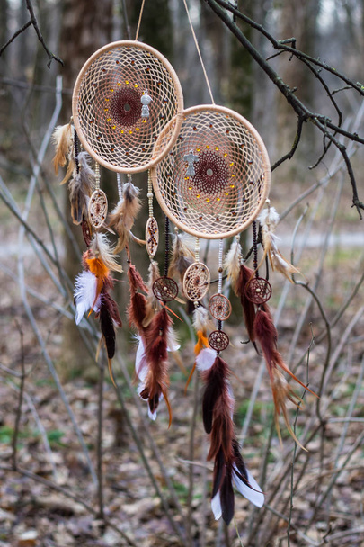 Dreamcatcher made of feathers, leather, beads, and ropes - Photo, Image