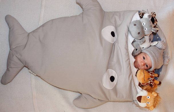 Doce bebê deitado na cama cercado de animais de pelúcia safari bonito
 - Foto, Imagem
