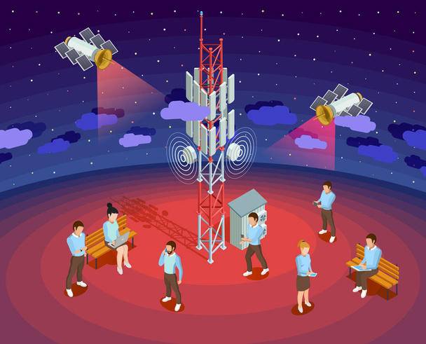 Publicznej sieci bezprzewodowej technologii satelity izometryczny plakat - Wektor, obraz