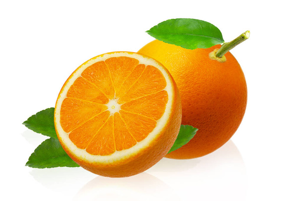 Orange fruit with slice and leaves isolated on white background. - Foto, imagen
