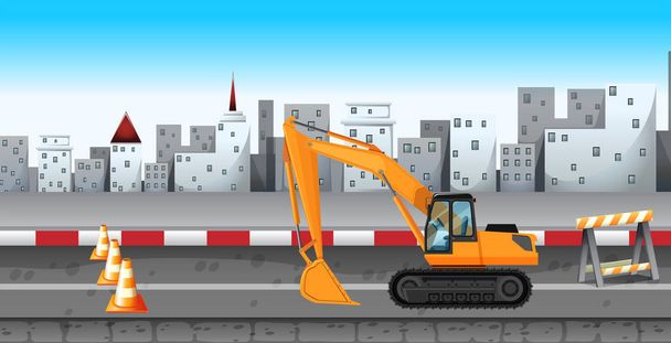 道路工事での掘削機 - ベクター画像