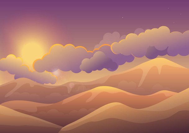 Βουνά στο ηλιοβασίλεμα με σύννεφα χρώμα. Ανατολή ηλίου τοπίο. - Διάνυσμα, εικόνα