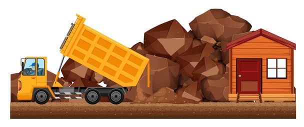 Dumping vrachtwagen dumping bodem op de bouwplaats - Vector, afbeelding