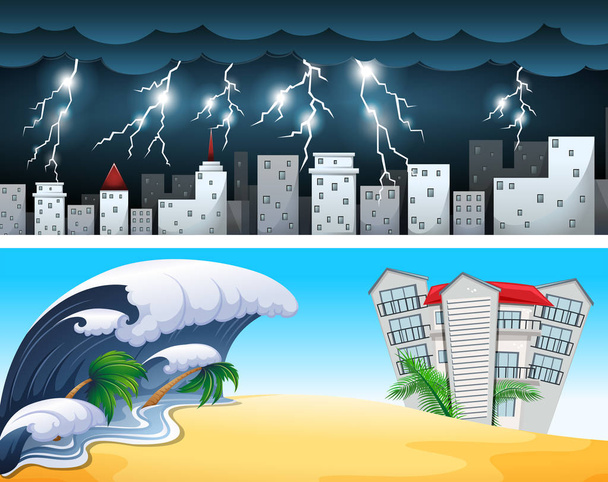 Two disaster scenes with tsunami and thunders - Vector, Image