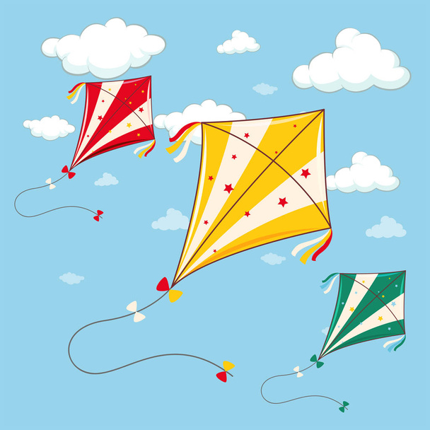 Drie kleurrijke vliegers in de blauwe hemel - Vector, afbeelding