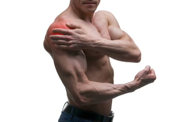 Man with pain in shoulder, ache in muscular male body, isolated on white background - Photo, Image