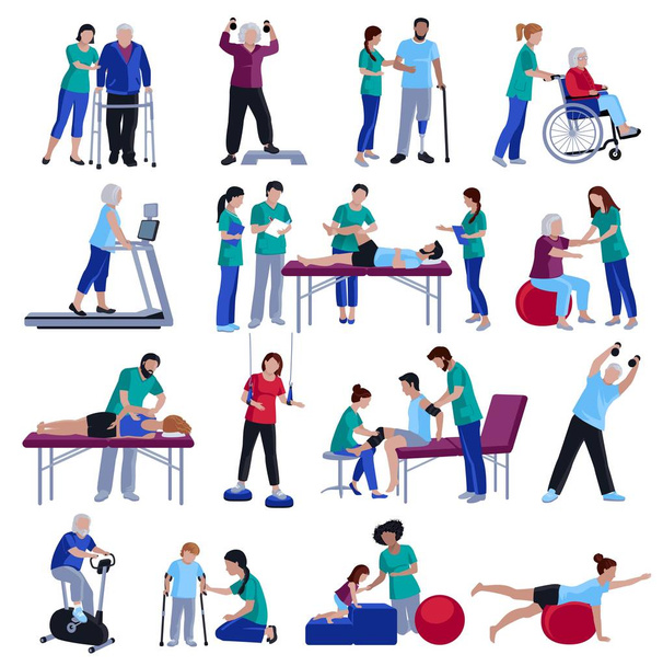 Reabilitação Fisioterapia Pessoas Plana Ícones Coleção
  - Vetor, Imagem
