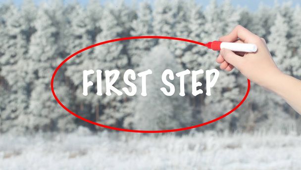 Kobieta ręka piśmie pierwszy krok z znacznik nad Zima Las. - Zdjęcie, obraz