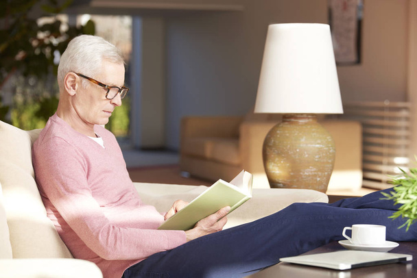 senior man reading a novel at home - Foto, afbeelding