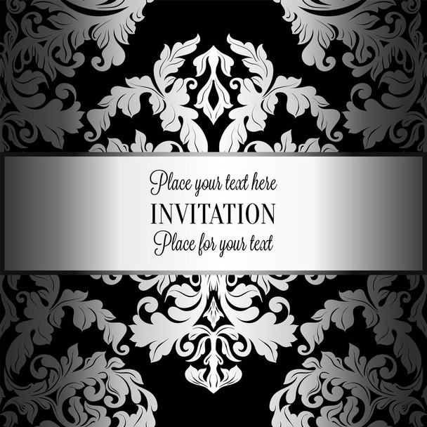 Baroque background with antique, luxury gray, black and metal silver vintage frame, victorian banner, damask floral wallpaper ornaments, invitation card, baroque style booklet, fashion pattern - Vector, Image
