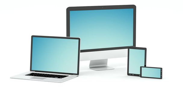 Moderne computer laptop, mobiele telefoon en tablet 3D-rendering - Foto, afbeelding