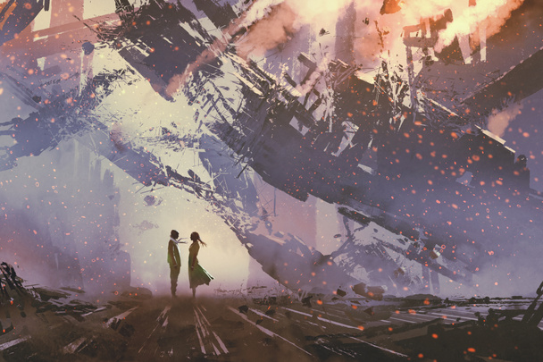hombre y mujer de pie contra edificios colapsados ciudad
 - Foto, imagen