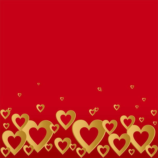 Valentines red background with bright gold heart with the composition of gold hearts in a row down. Greeting for lovers and for Mother's Day  - Vector, Image