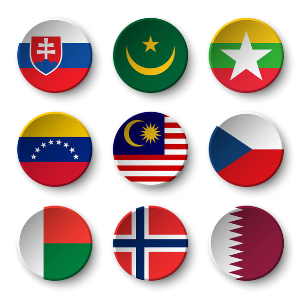 Set of world flags round badges ( Slovakia . Mauritania . Myanmar . Venezuela . Malaysia . Czech . Madagascar . Norway . Qatar ) - Vetor, Imagem