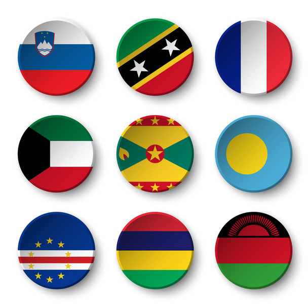 Set of world flags round badges ( Slovenia . Saint Kitts and Nevis . France . Kuwait . Grenada . Palau . Cape Verde . Mauritius . Malawi ) - Vettoriali, immagini