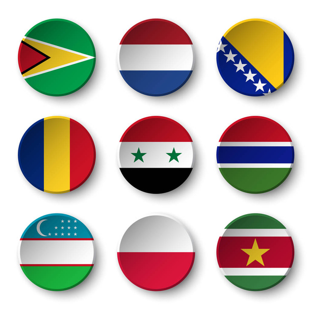 Set of world flags round badges ( Guyana . Netherlands . Bosnia and Herzegovina . Romania . Syria . Gambia . Uzbekistan . Poland . Suriname ) - ベクター画像