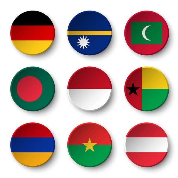 Set of world flags round badges ( Germany . Nauru . Maldives . Bangladesh . Indonesia . Guinea-Bissau . Armenia . Burkina Faso . Austria ) - Vetor, Imagem