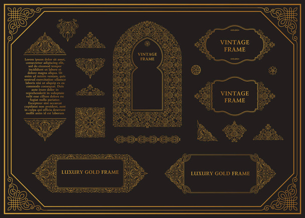 Arabic vector set of frames lines art design templates. Muslim gold outline elements and emblems - Vector, Image