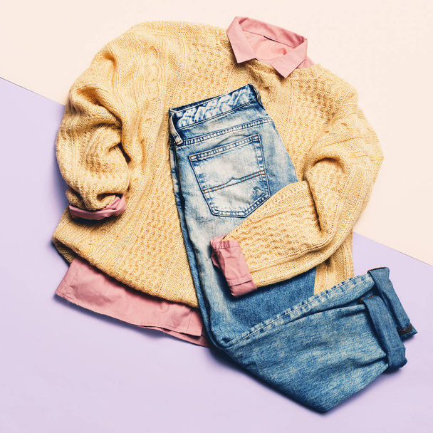Ladies Fashion Clothes. Pink shirt, sweater and jeans. Hipster.  - Fotó, kép
