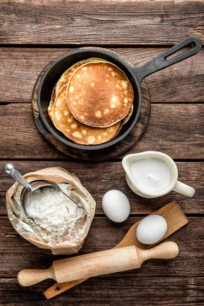 homemade pancakes with cooking ingredients - Photo, Image
