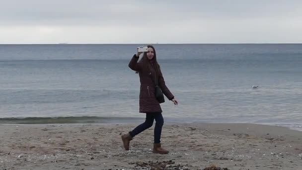 笑みを浮かべてブラウン髪少女が砂浜に沿って歩いて、海ビーチと秋に、Selfie を取る - 映像、動画