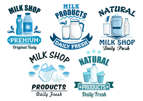 Milk and dairy products vector isolated icons - Vector, Image