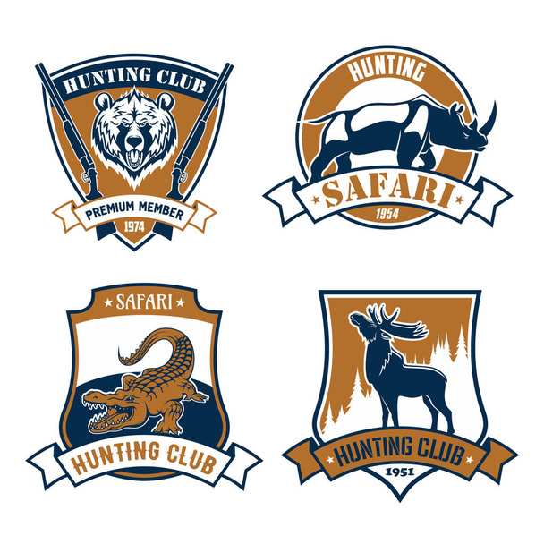 Myśliwskie klub wektor ikony, safari polowanie herby - Wektor, obraz
