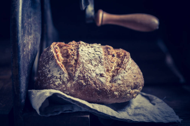 Fresh and healthy loaf of bread on the slicer - Φωτογραφία, εικόνα