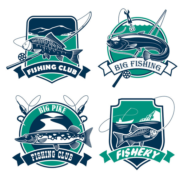 Fishing club vector icons and emblems set - Vector, Image