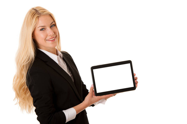 beautiful business woman working on tablet computer isolated ove - Foto, afbeelding