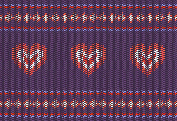 Jacquard pattern with red hearts on purple background. - Vector, Imagen