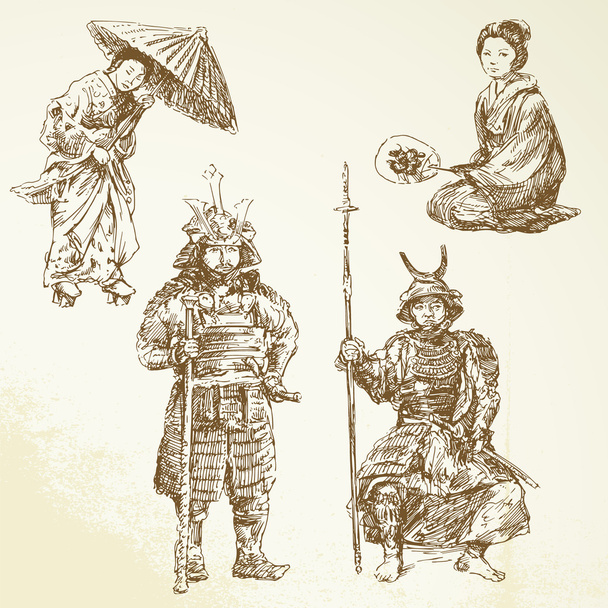 Samurai - warrior in Japanese tradition - hand drawn collection - Vector, Image