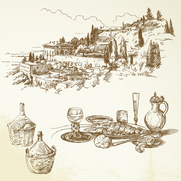 wijn, wijngaard, Toscane - hand getrokken collectie - Vector, afbeelding