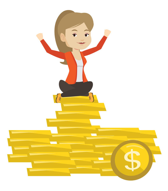 Happy business woman sitting on golden coins. - Vector, Image