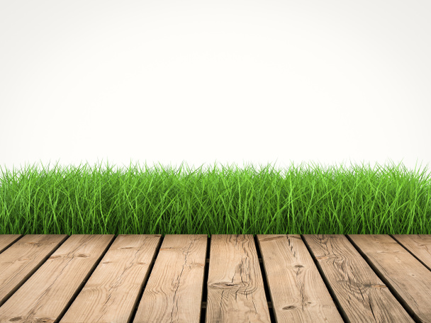 wooden floor with green grass on white background - Photo, Image