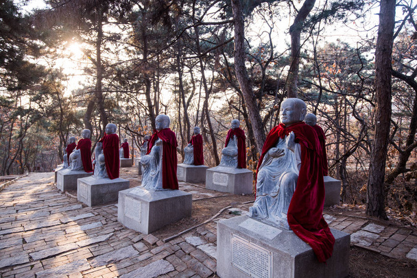 Kamienne rzeźby mnich noszenie koszulki w lesie chiński - Zdjęcie, obraz
