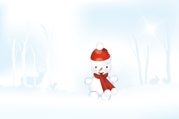 Снеговик в морозном зимнем пейзаже
 - Вектор,изображение