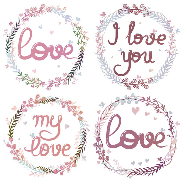 set of tender wreaths with inscriptions about love - Vector, Image