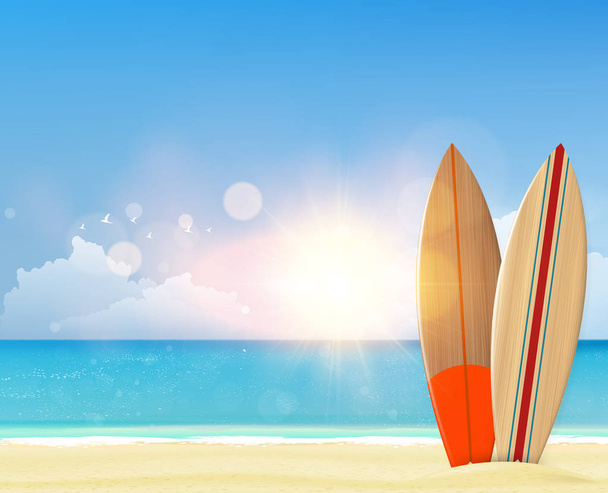 Playa de arena con tablas de surf
 - Vector, imagen