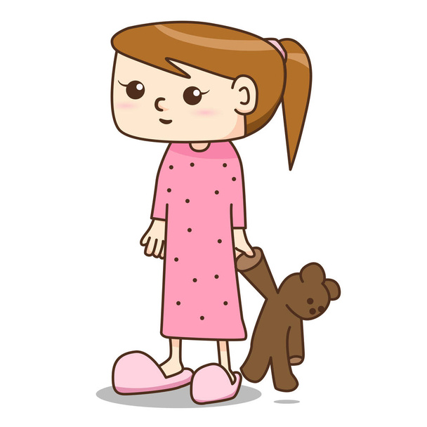 Cartoon-Mädchen im Pyjama-Kleid mit ihrem Teddybär - Vektor, Bild