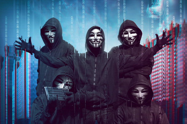 hackers in masks with keyboard - Photo, Image